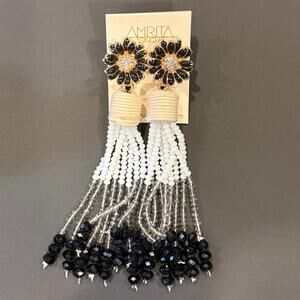 Amrita Singh NWT Black White Beaded Tassel Statement Earrings Floral Rhinestone